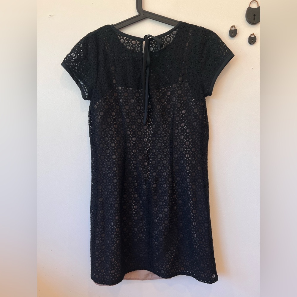 ANN TAYLOR LOFT Black Tan Eyelet Lace Overlay Dress Short Sleeve